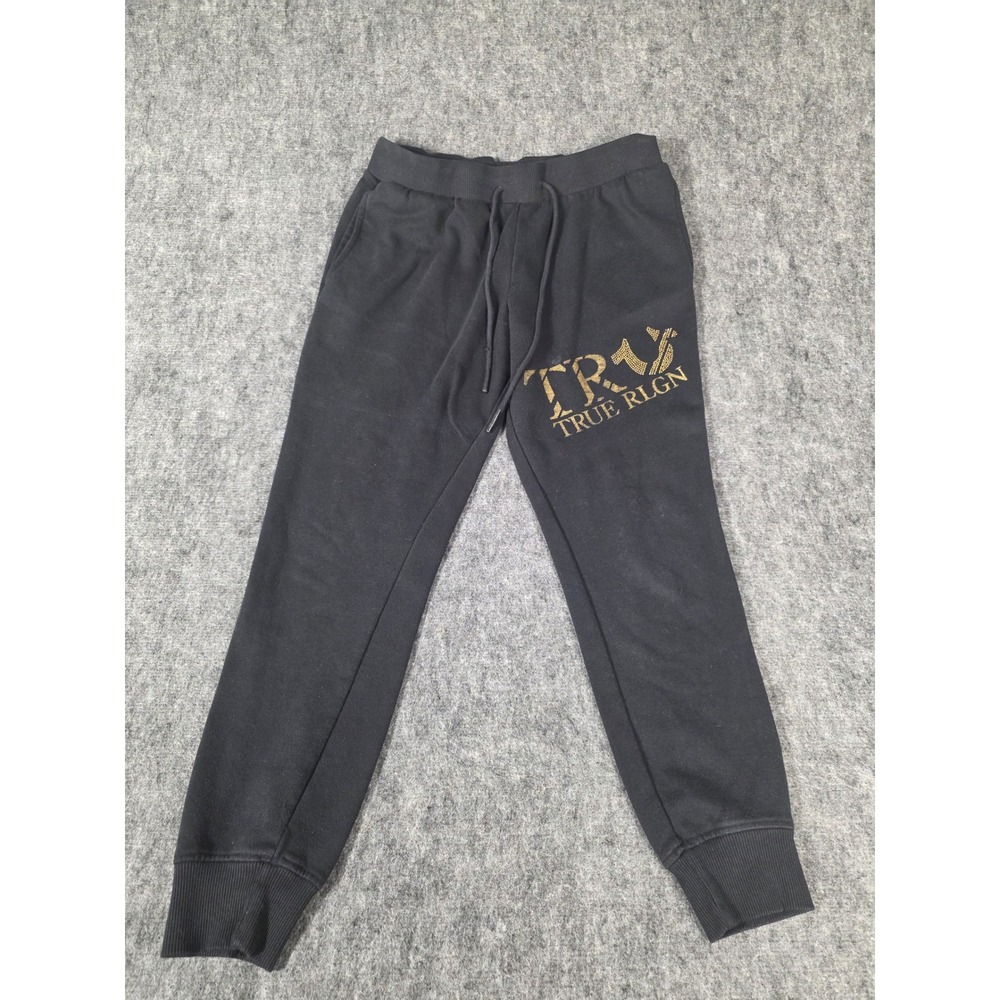 True Religion Mens Large Sweatpants Black Gold Graphic Fleece Joggers TRU RLGN